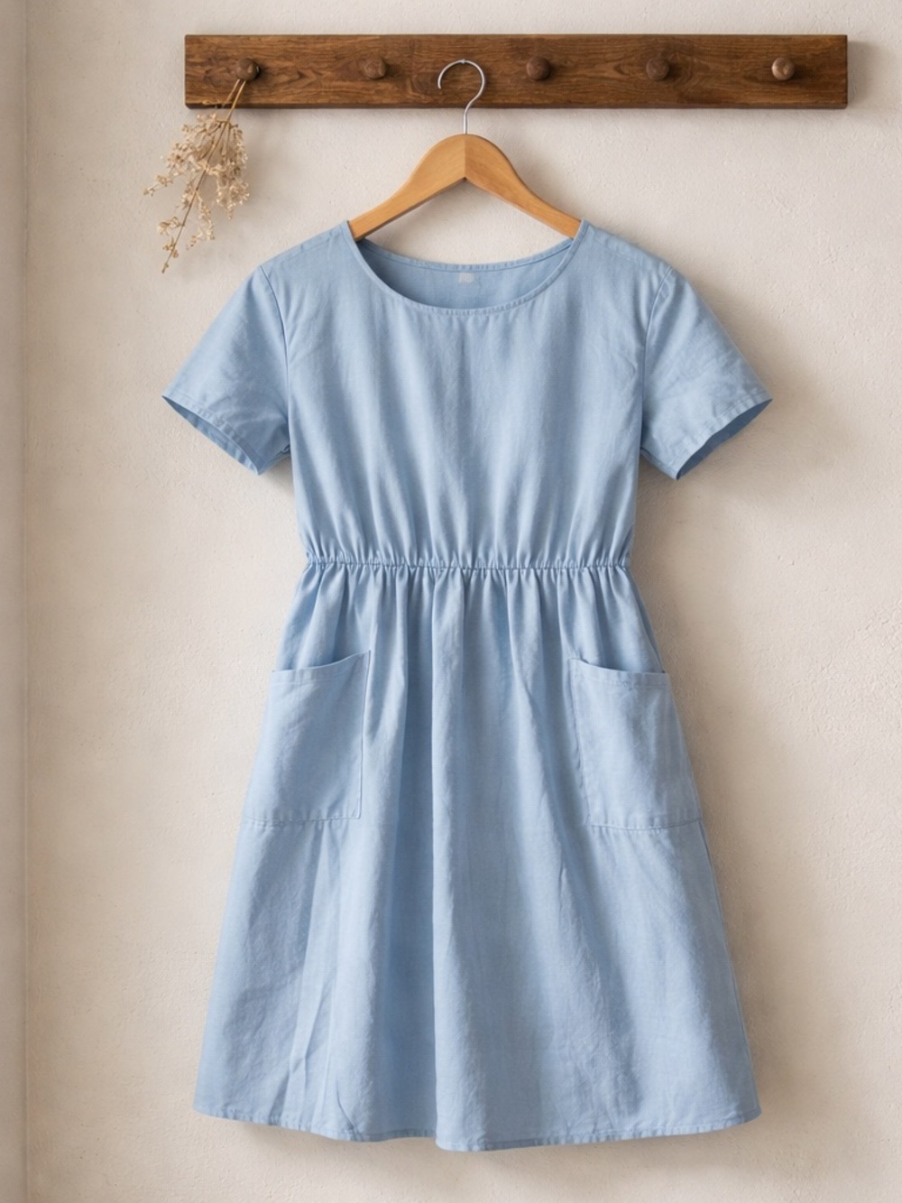 Light Blue Short Sleeve Pocket Dress